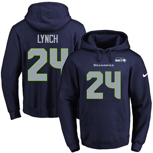 Nike Seahawks #24 Marshawn Lynch Navy Blue Name & Number Pullover NFL Hoodie - Click Image to Close